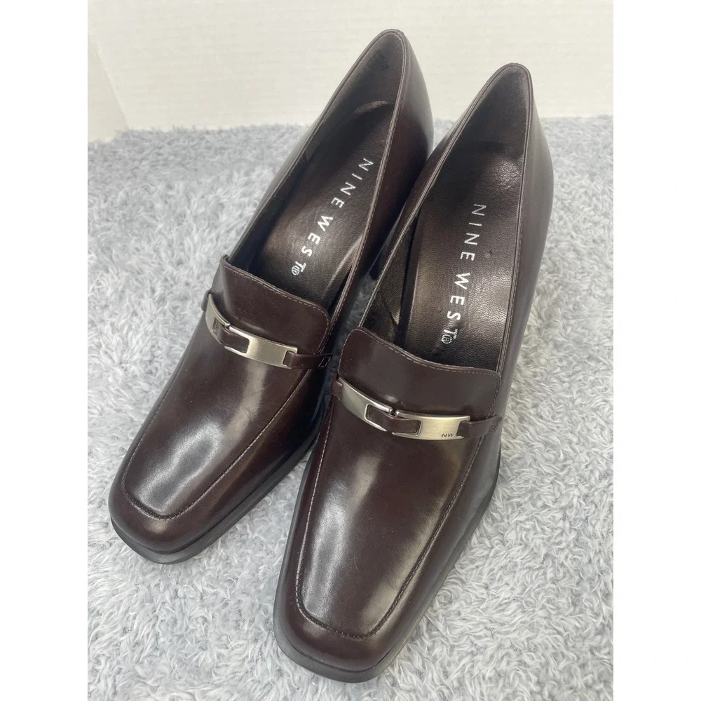 Nine West Ravon Loafers Women 8.5 Brown Leather Block‎ Heel Square Toe Brazil